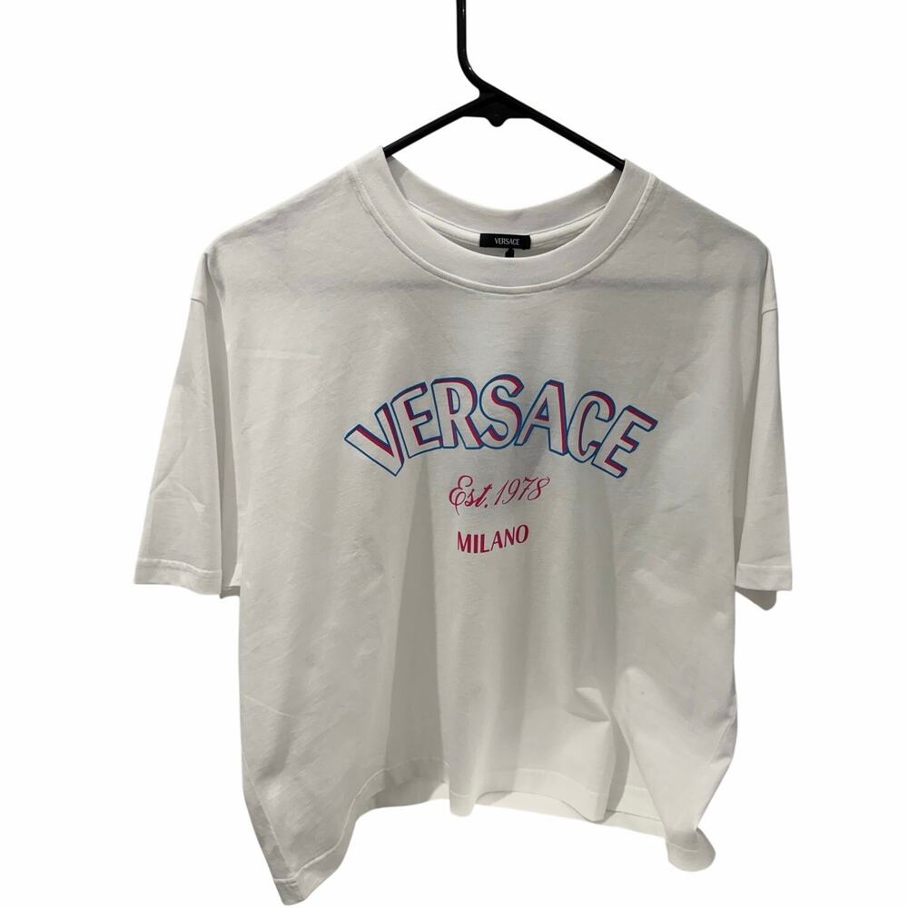 WHITE Versace Milano varsity-style logo T-shirt with a crew neck & an oversized